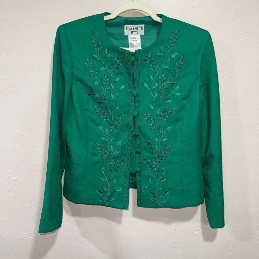 Plaza South Petite Green Embroidered Suit Jacket